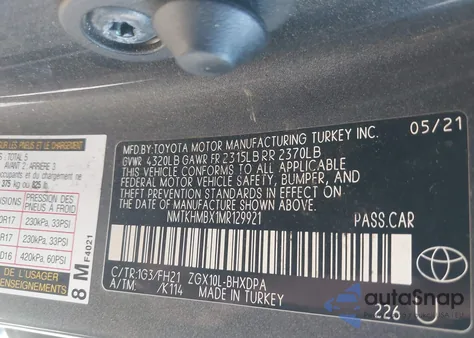 2021 Toyota C-Hr Le z USA, uszkodzony, nr VIN NMTKHMBX1MR129921